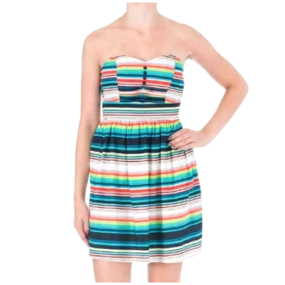 BeBop Smocked Strapless Casual Day Dress Colorful Striped White Cotton Sundress - Picture 9 of 9